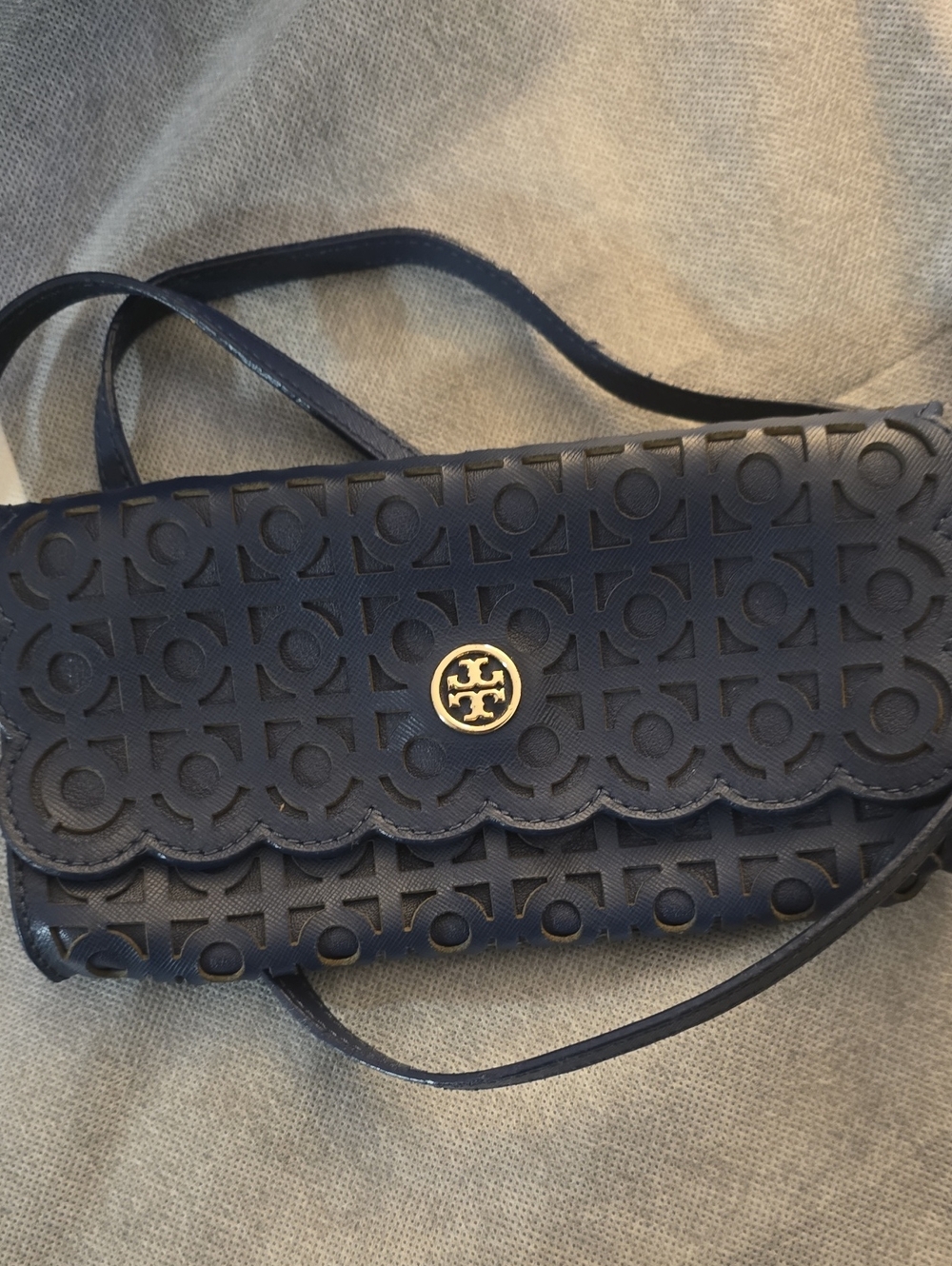 Tory Burch Navy Scalloped Perforated Leather Crossbody with Gold Logo